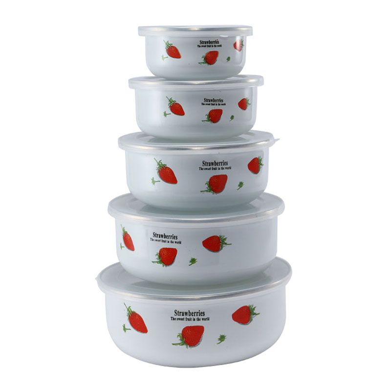 Baby Food With Iron - ชุดชามเคลือบหนา 5 ชิ้น พร้อมฝาปิด, อ่างเคลือบ, กล่องเก็บอาหารเกรดสำหรับใช้ในครัวเรือน,