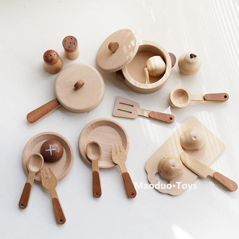 Baby Food Game - ชุดครัวไม้บีชสำหรับเด็กของเล่น Maoduo พร้อมอุปกรณ์ทำครัว หม้อ ชุดของเล่นทำอาหารเสมือนจริง ชุดหั่นอาหาร