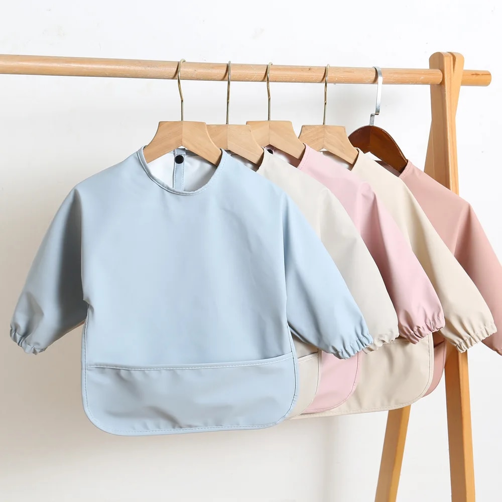 Bib Long Sleeve - สีทึบเด็ก Bibs แขนยาวเด็กทารกเด็กหญิง Bib ผ้ากันเปื้อนทําความสะอาดง่ายเด็กกันน้ํา Art