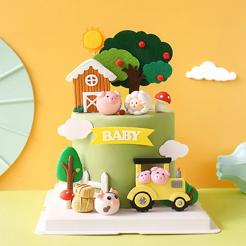 Baby Food Dessert - เค้กวันเกิดแฮปปี้Topperฟาร์มZoon Polymer Clayรถแทรกเตอร์ลูกวัวแกะเด็กเค้กตกแต่งBaby ShowerขนมDecor