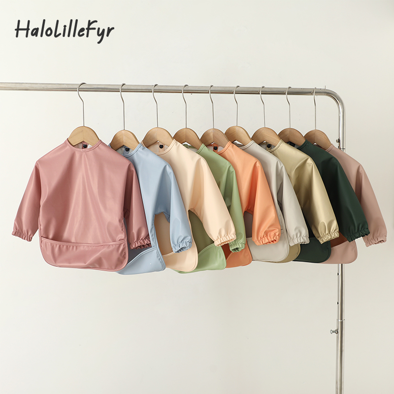 Bib Long Sleeve - ผ้ากันเปื้อนเด็ก Burp ผ้าสีทึบ Art Smock แขนยาวกันน้ําเด็กผ้ากันเปื้อนสําหรับเด็กวัยหัดเดินทารก